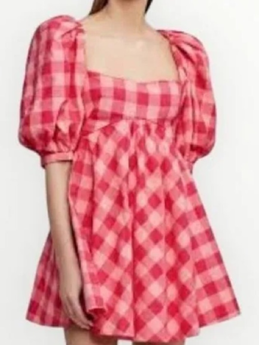 Acler Pink and Red Gingham Mini‎ Dress with Puff Sleeves